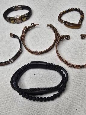 Men’s Bracelet Lot 6pc Leather Beaded Wire Cuff Tiger Eye Style